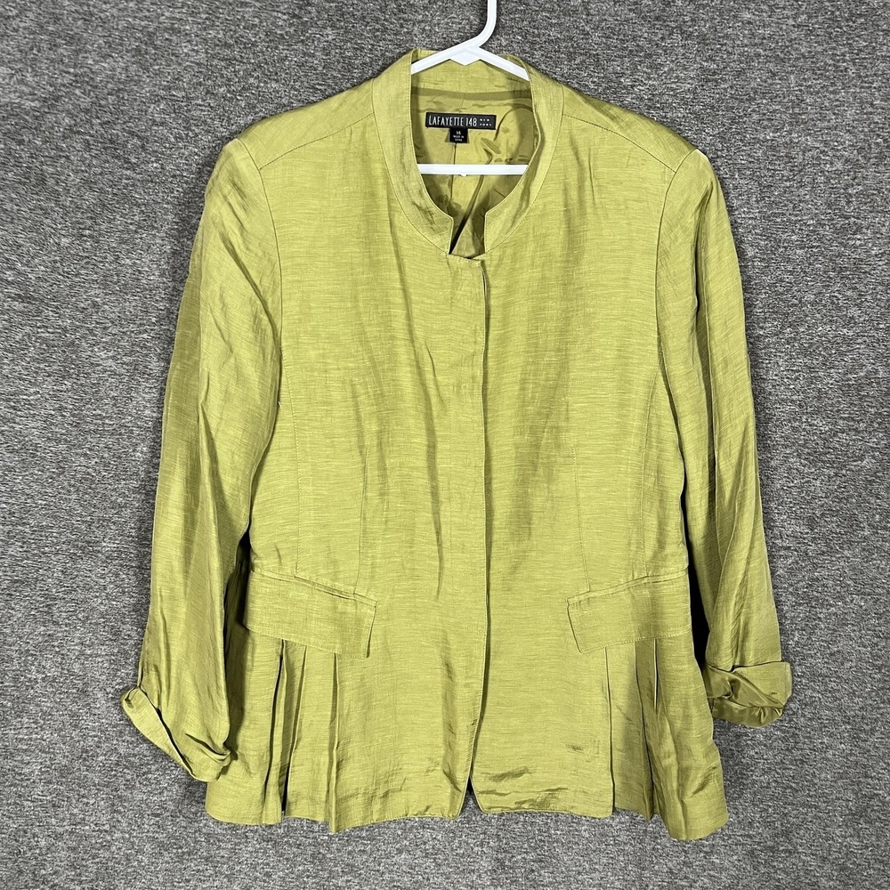 Lafayette 148 New York Blazer Jacket Womens 14‎ Green Linen Collarless Short